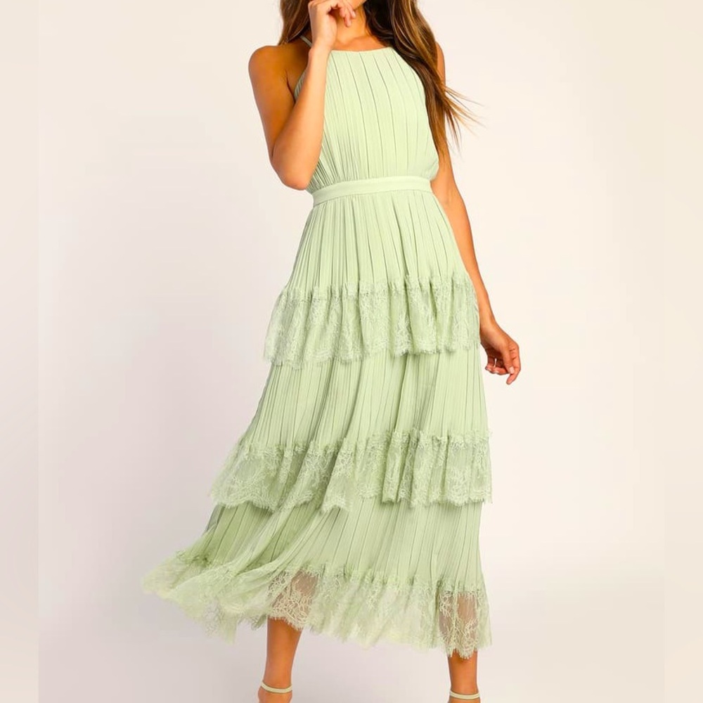 Lulus Came For Cocktails Sage Green Pleated Tiered Lace Maxi Dress